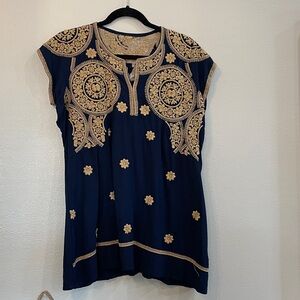 Navy Blue Top with Gold Embroidery from Merida Mexico